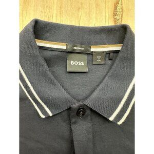 Hugo Boss Shirt Black Polo Button Mercerised Cotton Mens M White Striped Collar